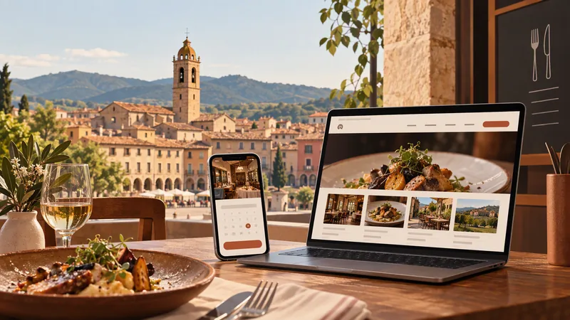 Mesa de restaurante en Vic con una reserva abierta en el móvil y la web del local en el portátil, con el campanario de Sant Felip al fondo
