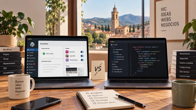 Dos portátiles enfrentados sobre una mesa: uno con el panel de WordPress y otro con código a medida, con Vic al fondo